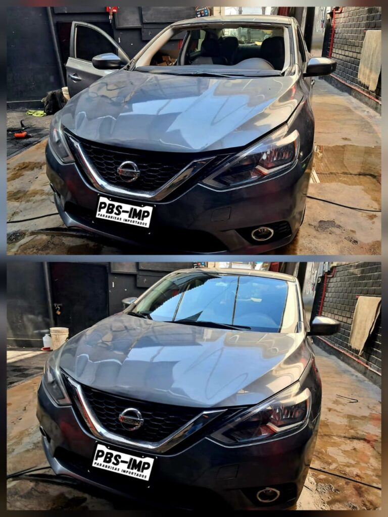 Antes y después de reemplazo de parabrisas delantero en auto particular