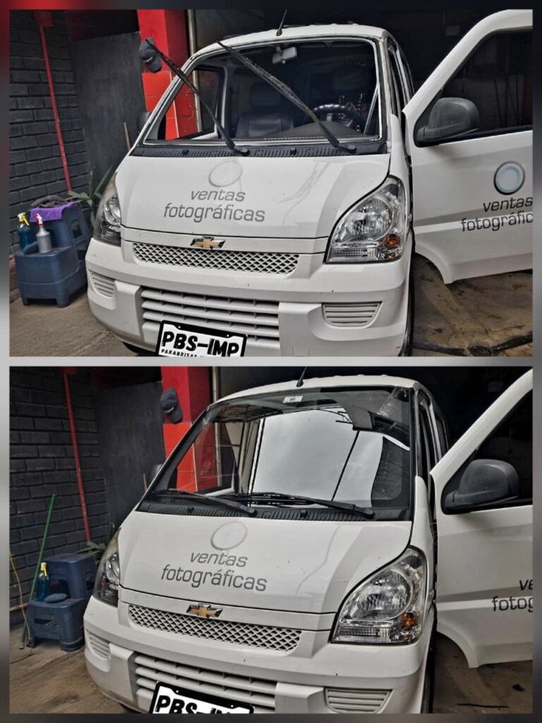 antes y después del cambio de parabrisas en minivan Chevrolet en Lima – Parabrisas Importados