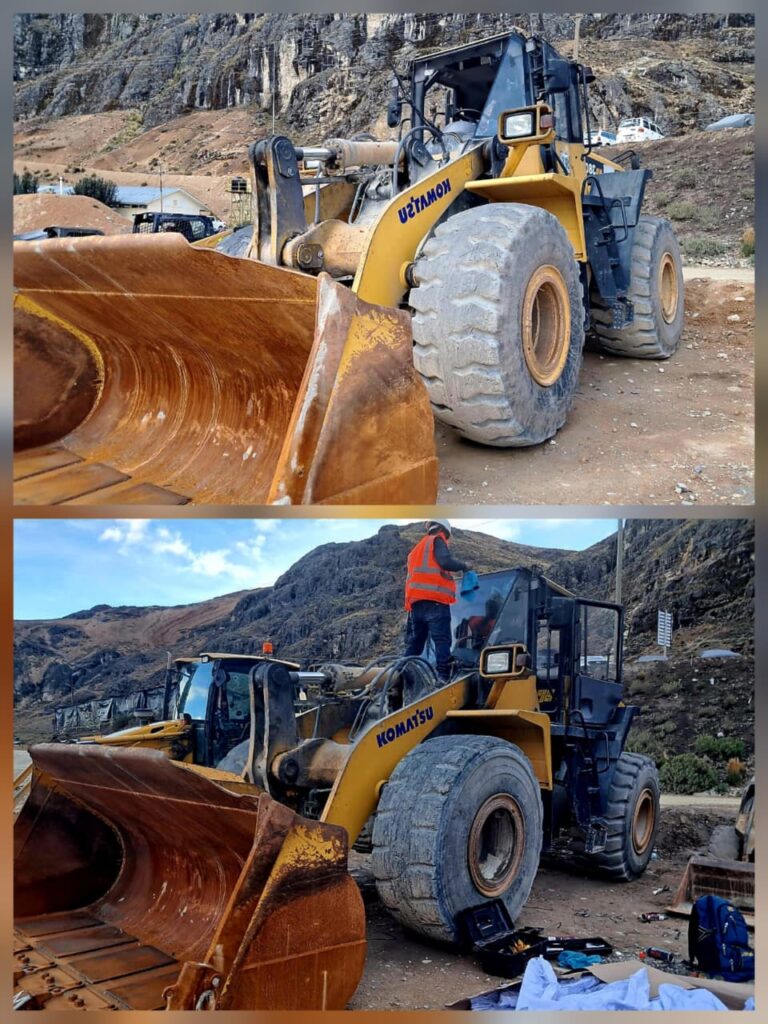 Antes y después de instalación de parabrisas en maquinaria pesada en Lima