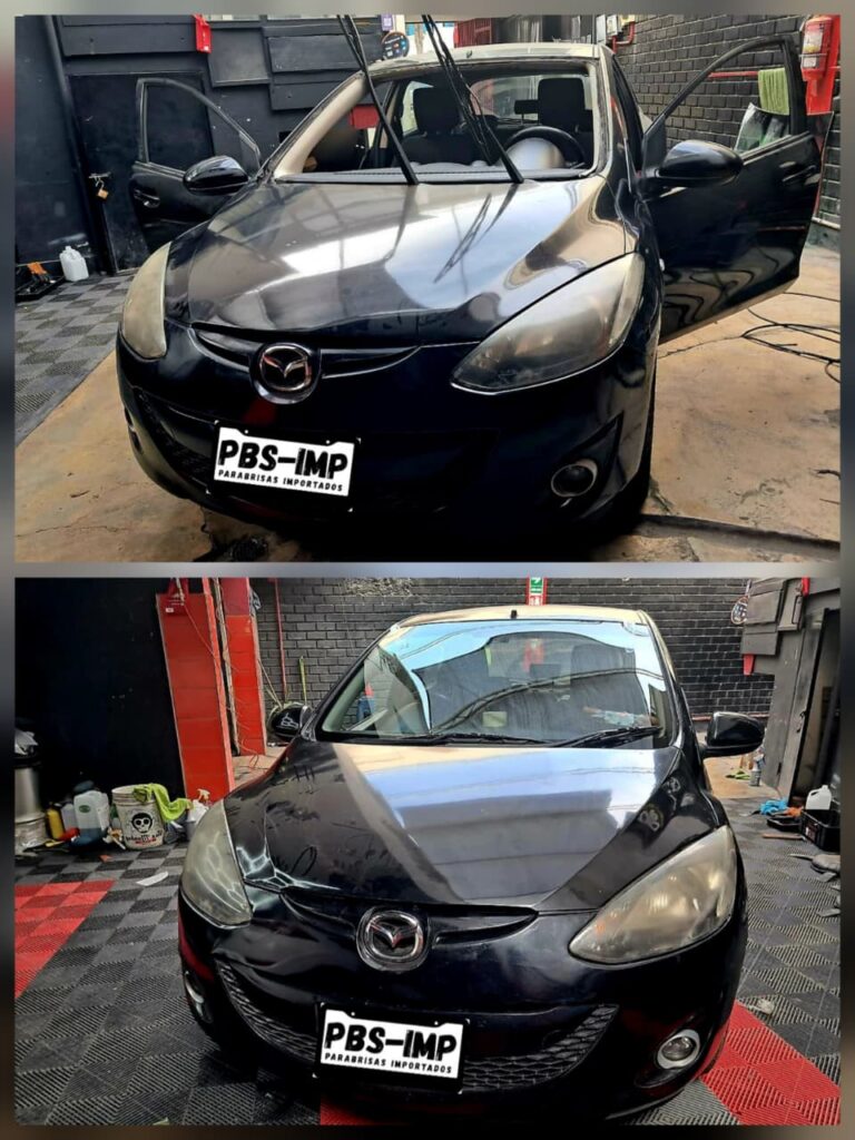 antes y después del cambio de parabrisas en auto Mazda en Lima – Parabrisas Importados